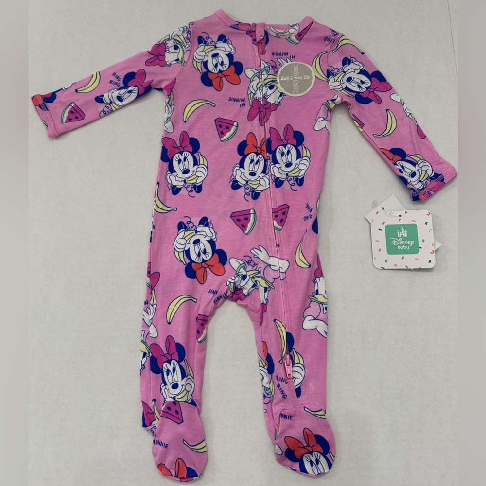 Disney Pink Minnie Mouse Fruit-Print 2 Way Zip,  Footed One-Piece Sleep N Play